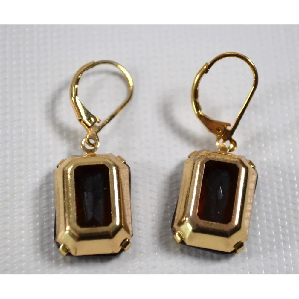 Gold Tone Dark Brown Amber Crystal Lever-back Earrings 1.5